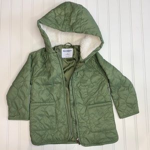 Girls 3T Green Quilted Hooded Puff Jacket Old Navy Sherpa Zip